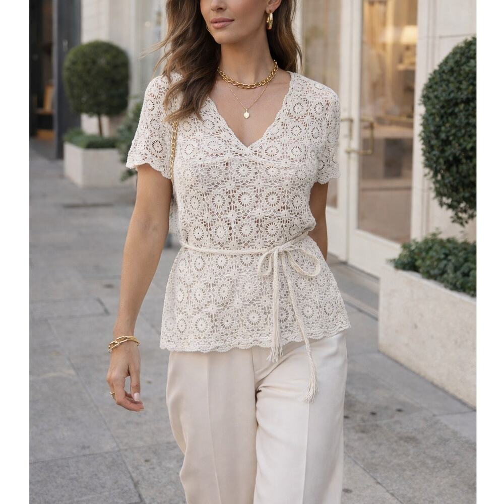 Vintage Ivory Crochet Lace V-Neck Top Boho Cottagecore Festival Women’s Large